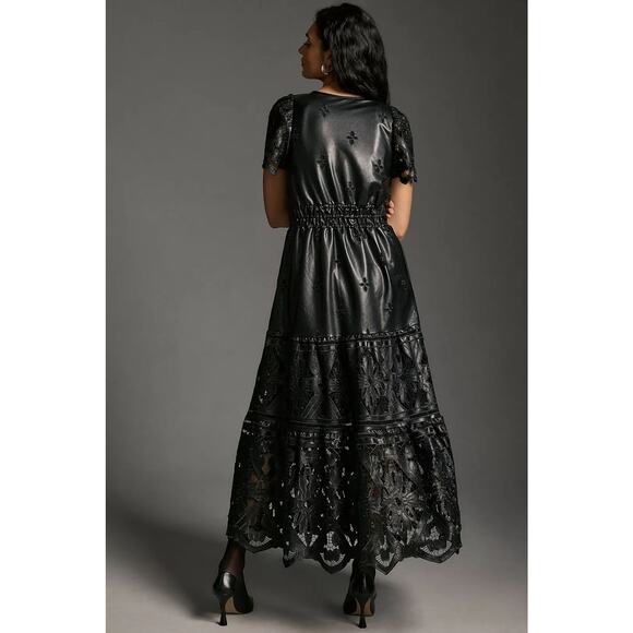 NWT Anthropologie The Somerset Maxi Dress: Faux Leather Embroidered BLACK XS - Picture 3 of 8
